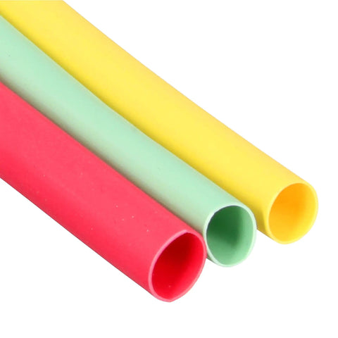 Close-up of red, green, and yellow heat shrink thin wall tubing assortment pack with six-inch pieces, FP-301 quarter inch size