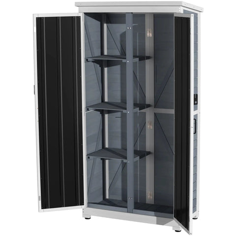 Backyard Outdoor Storage Cabinet Made From Wood And Metal Garden Shed With Weatherproof Roof And Lockable Doors 66 Inch Wide