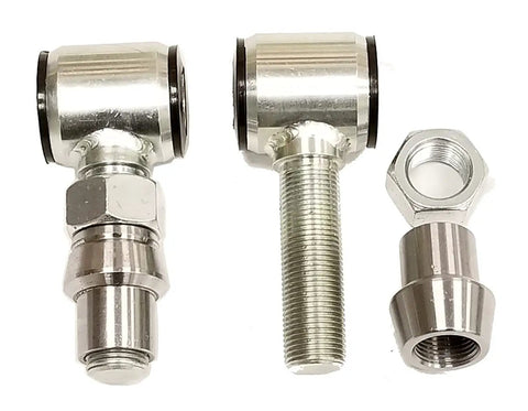 Factory Style 4 Link Rod End Kit Featuring 3 4 16 Threads And Heavy Duty Poly Bushings For 1 25 Dom Tube Weld In Bung Setup components including two rod ends and a nut.