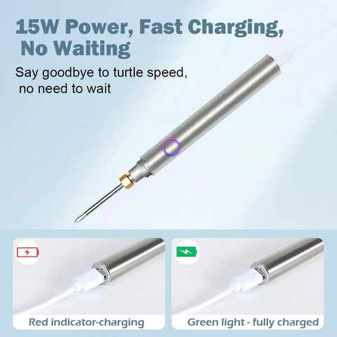 Cordless Soldering Iron Kit With 1100mAh USB Battery showing 15W power, fast charging indicators for appliance repair and DIY projects.