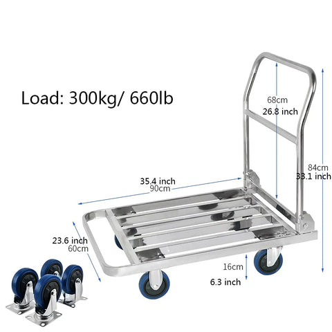 Foldable Hand Truck Cart For Heavy Duty Moving With Hollow Flatbed Platform Designed For Easy Transport Of Luggage Boxes And Grocery Runs Ideal For Home Office Warehouse Use, stainless steel, 90x60cm