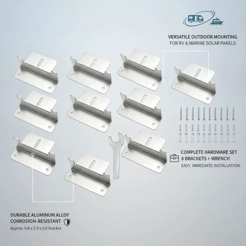 Offset Z Shaped Mounting Kit In Aluminum Alloy For RV And Marine Solar Panels, 8 pack with wrench and hardware items displayed.