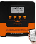 Smart MPPT Solar Charge Controller 40A for 12V/24V Systems With Dual USB, app display on a smartphone in hand, orange interface.