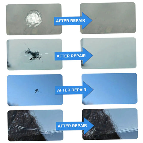 Comparison of before and after using Car Windshield Repair Kit For Chips And Cracks Quick Fix Portable Auto Glass Tool on various chips