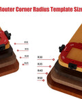 Router Corner Radius Template Kit With Aluminum Alloy Radius Jig, CNC Machined For Woodworking, showing 8 radius sizes on wood