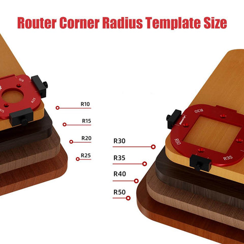 Router Corner Radius Template Kit With Aluminum Alloy Radius Jig, CNC Machined For Woodworking, showing 8 radius sizes on wood