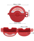 2 Pack Ball Valve Lockout Device Heavy Duty Padlock Gate Valve Safety Hasp shown in red, with dimensions labeled for safety use.