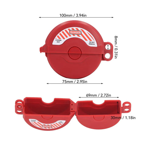 2 Pack Ball Valve Lockout Device Heavy Duty Padlock Gate Valve Safety Hasp shown in red, with dimensions labeled for safety use.
