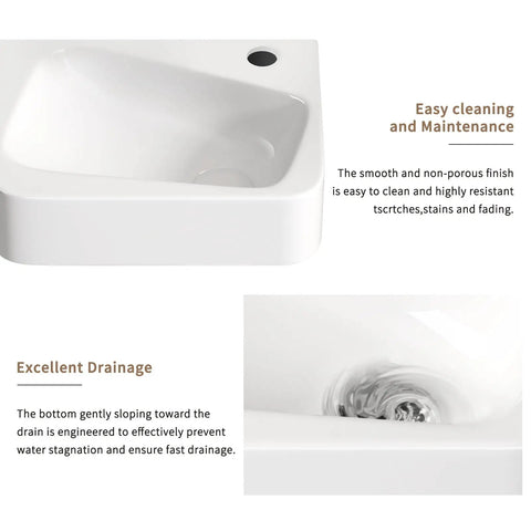 HAOCHRYSYPH Wall-Mounted Bathroom Sink, Ceramic, Milk White, 14x10 in. close-up of smooth finish and drainage design.