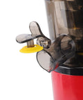 Close-up of Zaicoler 5.4 Inch Cold Press Juicer With Wide Chute, showcasing the juice spout and release lever for easy pouring.