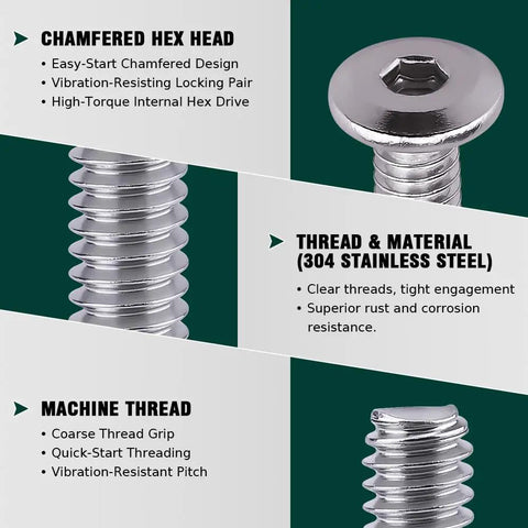 Chamfered hex head and coarse threads of M6 X 50MM Furniture Screws With Barrel Nuts Kit 304 Stainless Steel heavy duty fastener