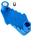 Blue center finder tool for woodworking with magnetic ends and pencil holder; angled front view