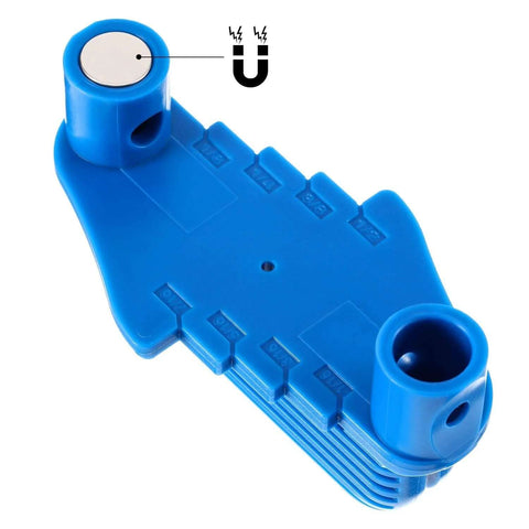 Blue center finder tool for woodworking with magnetic ends and pencil holder; angled front view