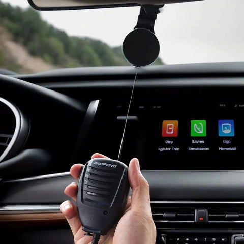 Heavy Duty Retractable Ham Radio Microphone Holder For Car Use With 25 Inch Steel Cable Two Pack shown in vehicle