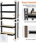 Assembly steps of Beefy Five Tier Heavy Duty Metal Garage Shelving Unit with 1500 lbs capacity, gloves and hammer shown.
