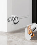 Beefy Marine Grade 316 Stainless Steel Door Stopper With Magnetic Hold installed on white door, polished hardware visible