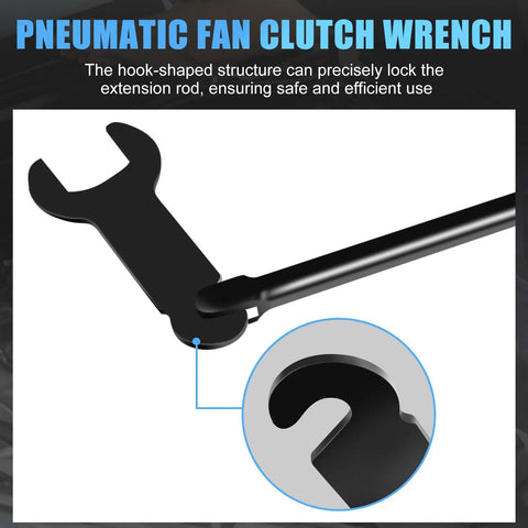 8 Piece Pneumatic Fan Clutch Wrench Set For Auto Repair With Beefy Heavy Duty 7 Driving Wrenches Including 22Mm 32Mm 36Mm 40Mm 47Mm 48Mm 51Mm To Fasten Or Loosen Fan Clutch And Water Pump Nuts Universal Fit For Most Car Brands., pneumatic fan clutch wrench with hook-shaped head and extension rod, black 45 carbon steel
