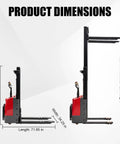 Heavy Duty Electric Pallet Stacker With 3300 Pound Capacity And 118 Inch Lift Height dimensions, showing height 82.68 in, length 71.65 in, width 34.25 in.