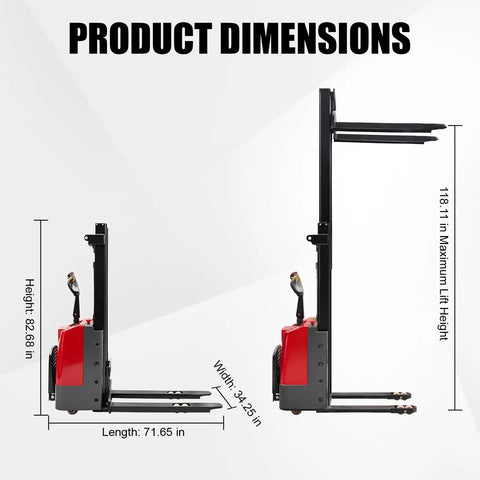 Heavy Duty Electric Pallet Stacker With 3300 Pound Capacity And 118 Inch Lift Height dimensions, showing height 82.68 in, length 71.65 in, width 34.25 in.