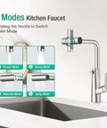 4 modes of CREA Waterfall Kitchen Faucets with Soap Dispenser, showing stream, sweep, waterfall, and spray modes.