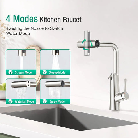 4 modes of CREA Waterfall Kitchen Faucets with Soap Dispenser, showing stream, sweep, waterfall, and spray modes.