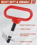 Close-up of Two Pack Half Inch By Three Inch Trailer Hitch Pin with Clip and Rubber Coated Handle, red grip, black coated shaft.
