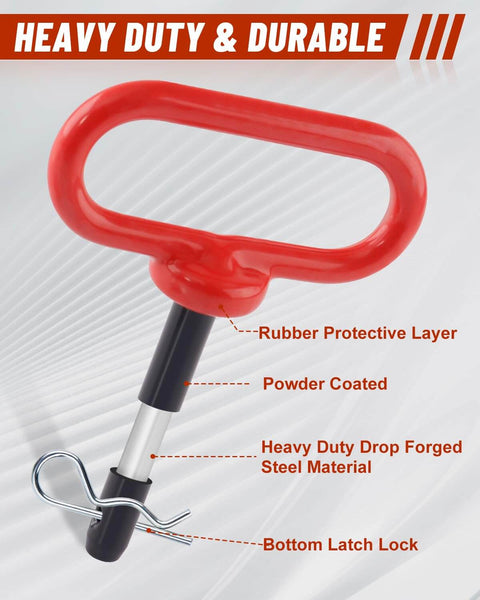 Close-up of Two Pack Half Inch By Three Inch Trailer Hitch Pin with Clip and Rubber Coated Handle, red grip, black coated shaft.