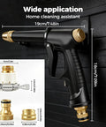 Black Three-Pattern Adjustable Jet Nozzle Gun For Garden Hose with brass fittings, shown with dimensions and components.