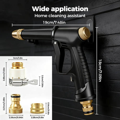 Black Three-Pattern Adjustable Jet Nozzle Gun For Garden Hose with brass fittings, shown with dimensions and components.