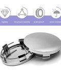 4 Pack Universal Snap In Wheel Center Caps High Polish Silver Rim Hub Covers OD 60mm ID 56mm showcasing chrome finish and snap fit design.