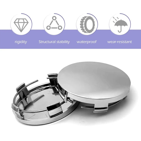 4 Pack Universal Snap In Wheel Center Caps High Polish Silver Rim Hub Covers OD 60mm ID 56mm showcasing chrome finish and snap fit design.