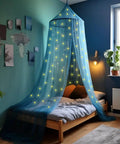 Glow In The Dark Stars Canopy Bed For Girls With Galaxy Lights And Princess Net Tent installed over a bed in a blue room.
