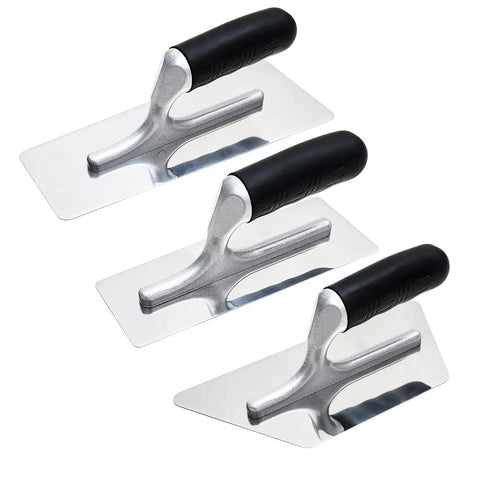 Three Piece Plaster Finishing Trowel Set Pro Grade Polished Stainless Steel With Rubber Grip Handles And Aluminum Shank