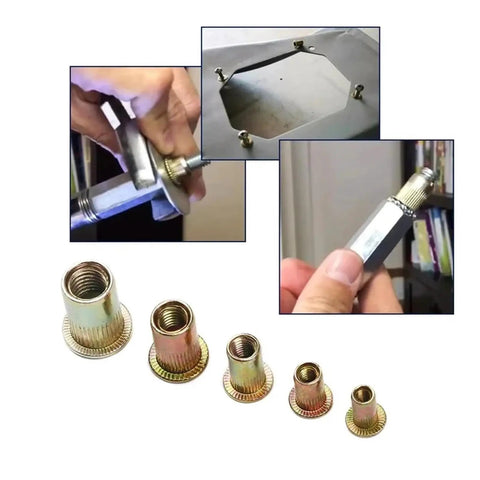 Hand holding a flat head threaded insert nut from the Twenty Piece Flat Head Threaded Insert Nuts Set In M3 To M10 Sizes Made From Zinc Plated Carbon Steel.