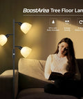 Three Head Floor Lamp With Rotating Heads, 3 Way Dimmer, Includes 3x 4W E12 LED Bulbs, metal pole, illuminating a living room.