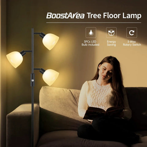 Three Head Floor Lamp With Rotating Heads, 3 Way Dimmer, Includes 3x 4W E12 LED Bulbs, metal pole, illuminating a living room.
