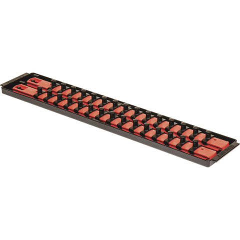 Socket Boss 2-Rail 3/8-Inch Drive Socket Organizer, 19-Inch Red Storage Tray showing twist-lock clips for sockets sorted
