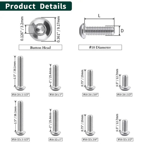 Fifty Pack Button Head Socket Cap Screws Sized For 10-32 Thread By Half Inch Finely Threaded Eighteen Eight Stainless Steel Hardware including dimensions and design.