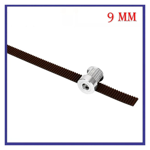 Top Tier GT2 3D Printer Timing Belt With Glass Fiber Reinforcement 9mm Wide 50 Meter Spool showing a brown belt and pulley.