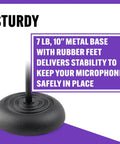 No Fuss Setup Heavy Duty Mic Stand For Live Gig Or Bedroom Studio Adjustable To Sixty Inches With Nonslip Rubber Feet and Standard Threading for Dynamic or Condenser Mics with 10 inch metal base.