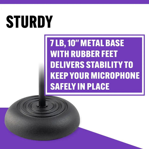 No Fuss Setup Heavy Duty Mic Stand For Live Gig Or Bedroom Studio Adjustable To Sixty Inches With Nonslip Rubber Feet and Standard Threading for Dynamic or Condenser Mics with 10 inch metal base.