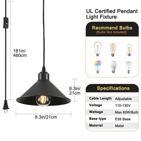 Heavy Duty Black Plug In Pendant Lights 2 Pack Industrial Hanging Lamps With 15 Foot Adjustable Cord And Switch. Black pendant light with adjustable cord.