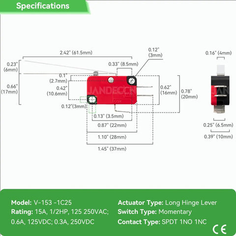 10 Pack Lead Limit Switch With Long Hinge Lever SPDT 1NO 1NC Snap Action Micro Switch V153 1C25 with specifications