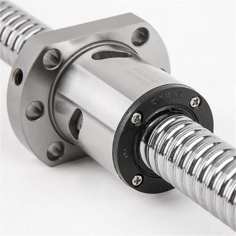 Close-up of Beefed Up 450mm Ball Screw With Machined Ball Nut Ends For 3D Printers And CNC, showing precision machined ends