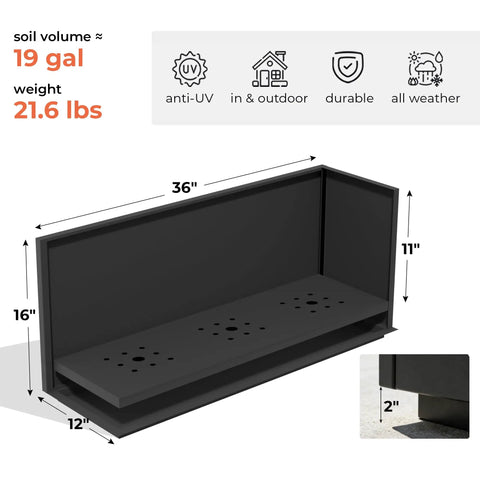 Rectangular Metal Planter Box 36x12x16 Matte Black With Insert Shelf, Drainage Holes And Bottom Water Collection Tray