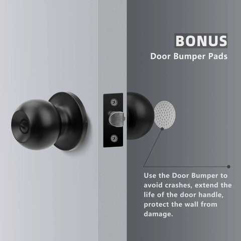 8 Pack Privacy Door Knobs Matte Black Interior Passage Lock Set Keyless Round Doorknobs For Bedroom And Bathroom Includes Hardware And Instructions Easy To Install No Fuss showing bonus door bumper pads detail.