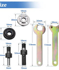 Pro Grade Drill To Angle Grinder Converter Kit With 6mm And 10mm Arbor Mandrels, Includes 2 Spanner Wrenches, 3 Flange Nut Set, sizes shown