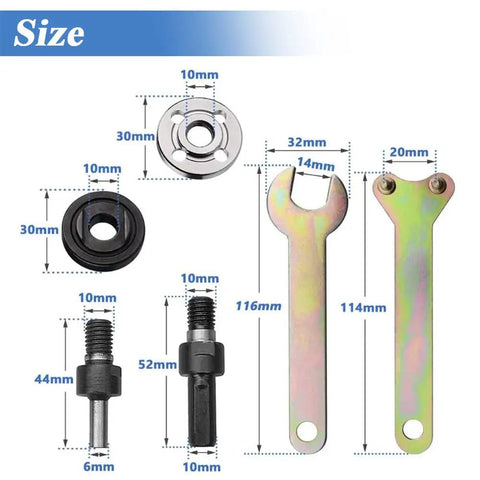 Pro Grade Drill To Angle Grinder Converter Kit With 6mm And 10mm Arbor Mandrels, Includes 2 Spanner Wrenches, 3 Flange Nut Set, sizes shown