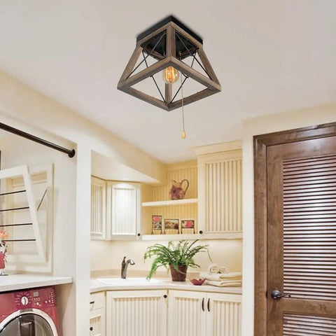 Rustic Wood Farmhouse Ceiling Light With Pull Chain 1 Light Small Square Black Flush Mount For Hallway Closet Laundry Room Edison E26 Compatible Country Style Indoor Lighting