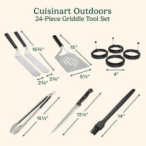 24 Piece Griddle Tool Set With Storage Tote Stainless Steel Flat Top Grill Accessories including spatulas and egg rings